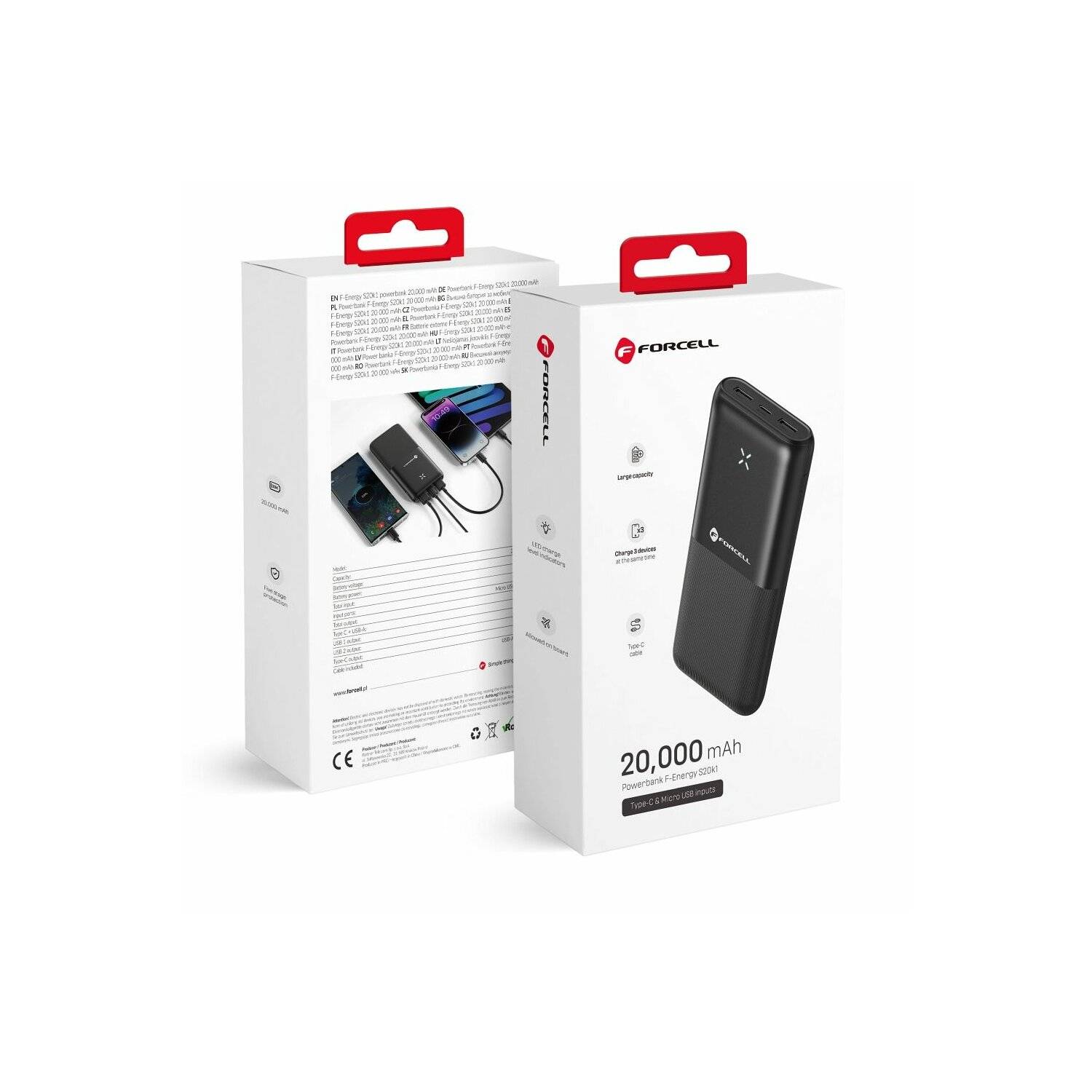 FORCELL Powerbank F-Energy S20k1 20000mah inkl. USB-A zu USB-C Externer Akku