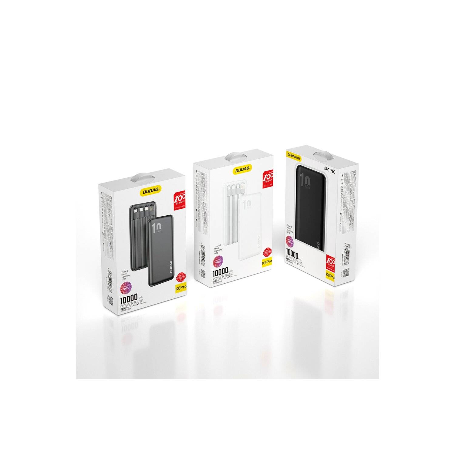 Dudao K6Pro Universal 10000mAh Powerbank mit USB-Kabel, USB Typ C, iPhone Weiß