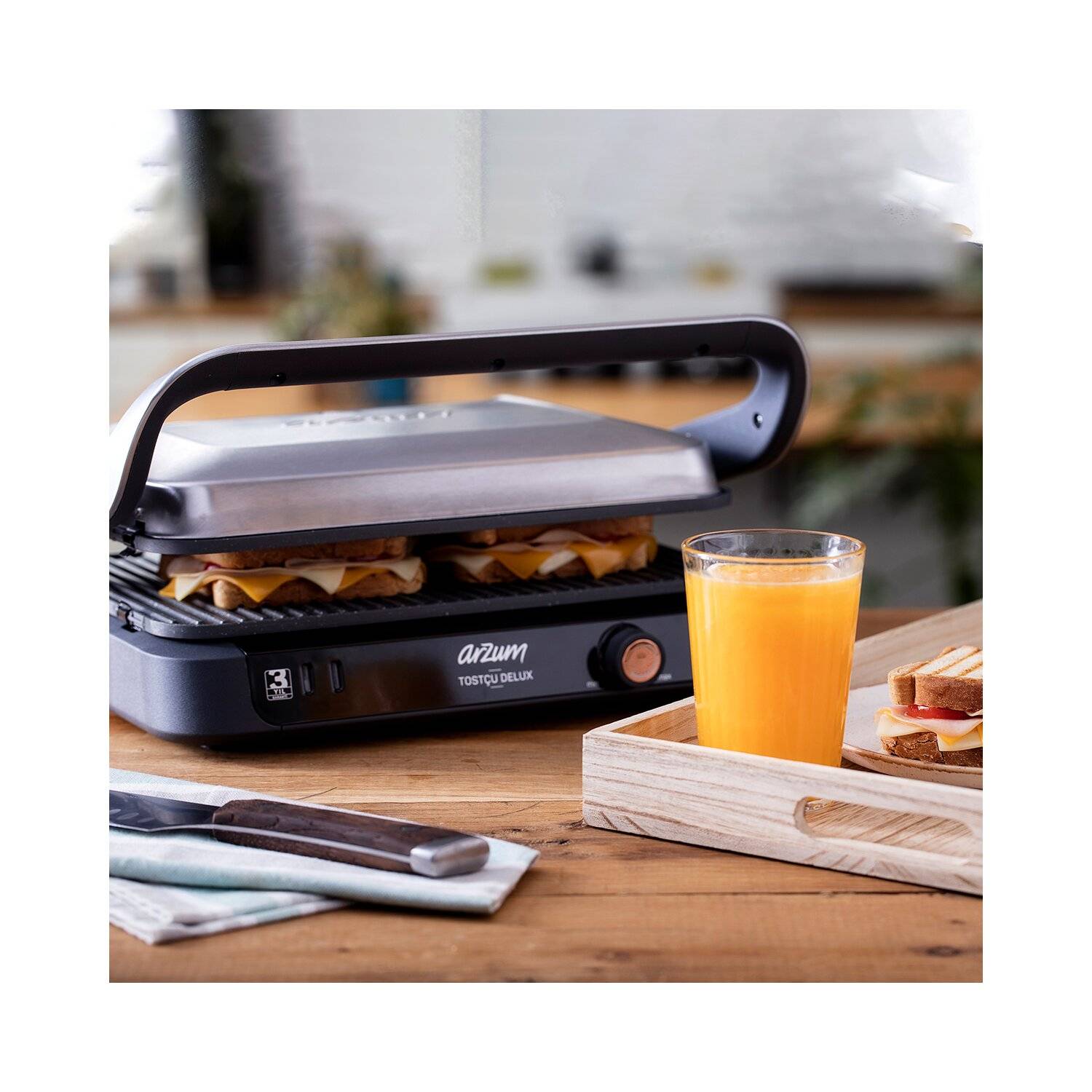 Arzum Tostçu Delux 1800W, Sandwichmaker, Antihaft-Gusseisenplatte in Granitoptik, Edelstahl