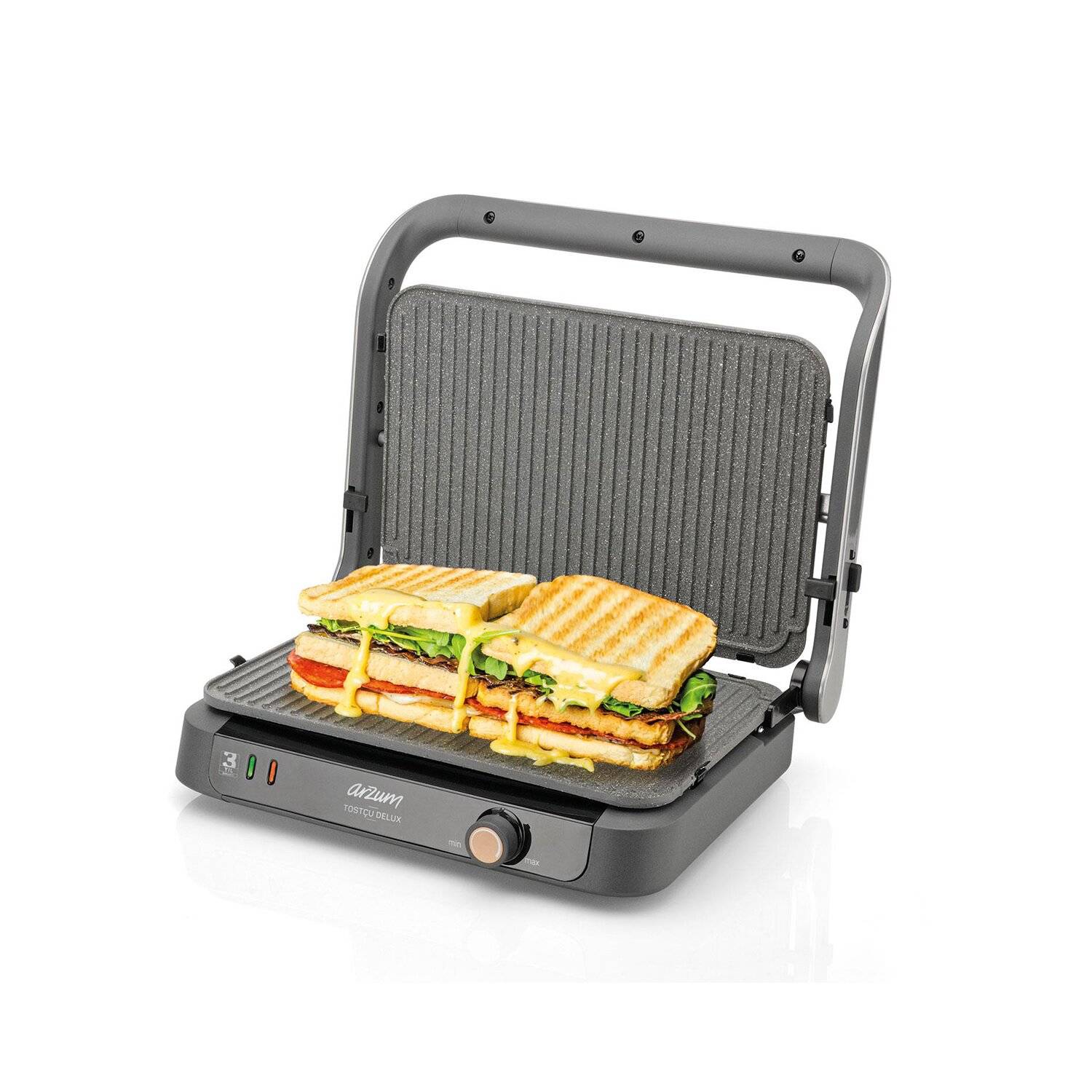 Arzum Tostçu Delux 1800W, Sandwichmaker, Antihaft-Gusseisenplatte in Granitoptik, Edelstahl