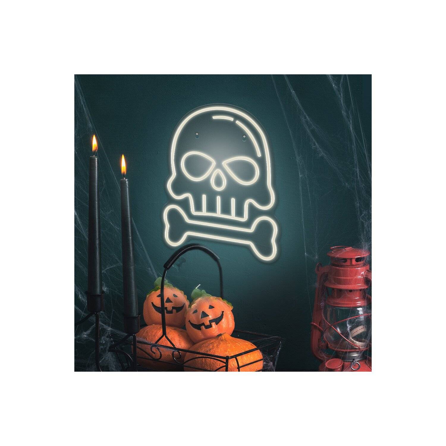 Forever Light FPNE18 Nachtlicht Neon Plexiglas LED Totenkopf mit Knochen Leuchtschild LED Zeichen weiß