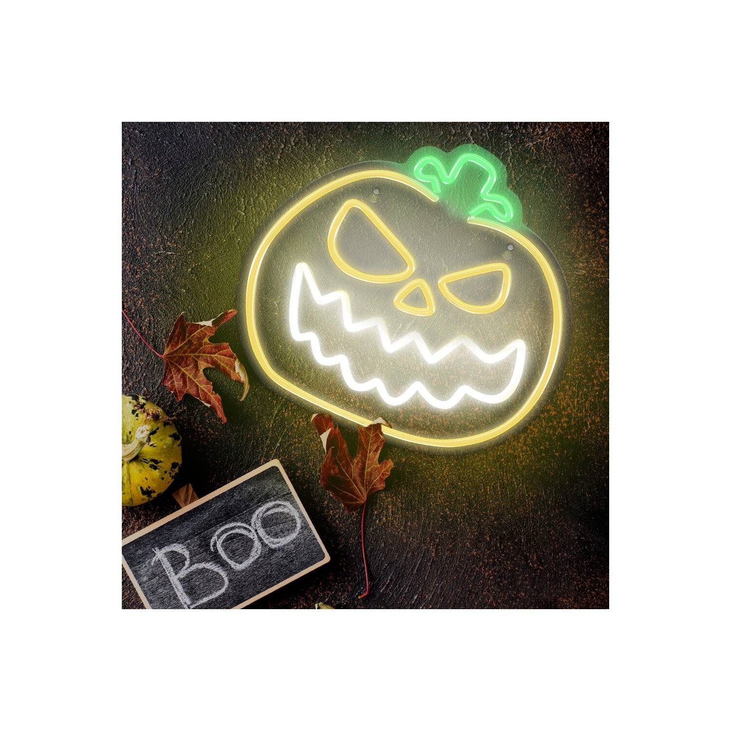 Forever Light FPNE14 Nachtlicht Neon Plexi LED wütender Kürbis Leuchtschild LED Zeichen Gelb-Weiß