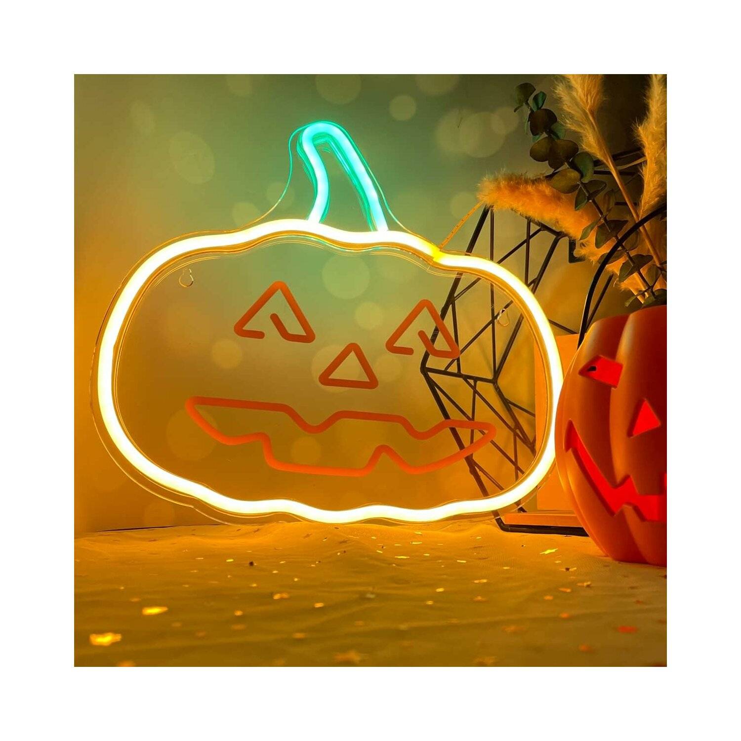 Neolia NNE13 Nachtlicht Neon PLEXI LED Kürbis mit Stiel Leuchtschild LED Zeichen Orange-Grün