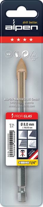 Ein kleines Paket, das einen 8,0 mm ALPEN-Glasbohrer enthält, gekennzeichnet mit 'ALPEN-MAYKESTAG GmbH' und einem Website-Link.
