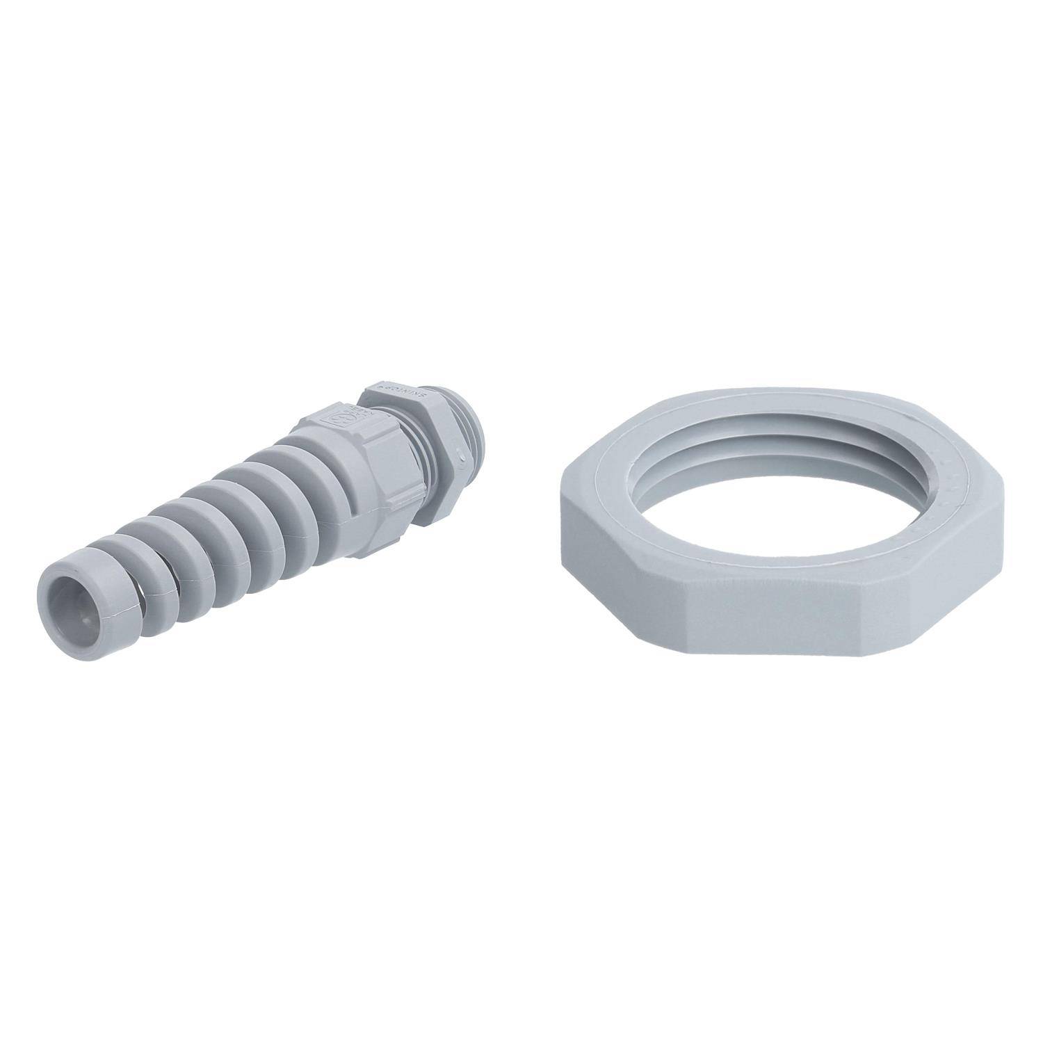 Ein grauer Kunststoff-Kabelverschraubungsbogen und eine passende Gegenmutter, die zum Sichern von Kabeln und zur Zugentlastung in elektrischen Installationen verwendet werden.