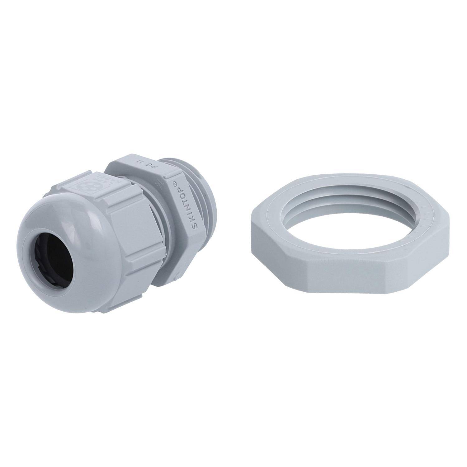 Eine hellgraue Kabelverschraubung und eine Sicherungsmutter sind abgebildet. Die Kabelverschraubung ist zylindrisch mit Gewindeteilen und wird zum Befestigen von Kabeln verwendet.