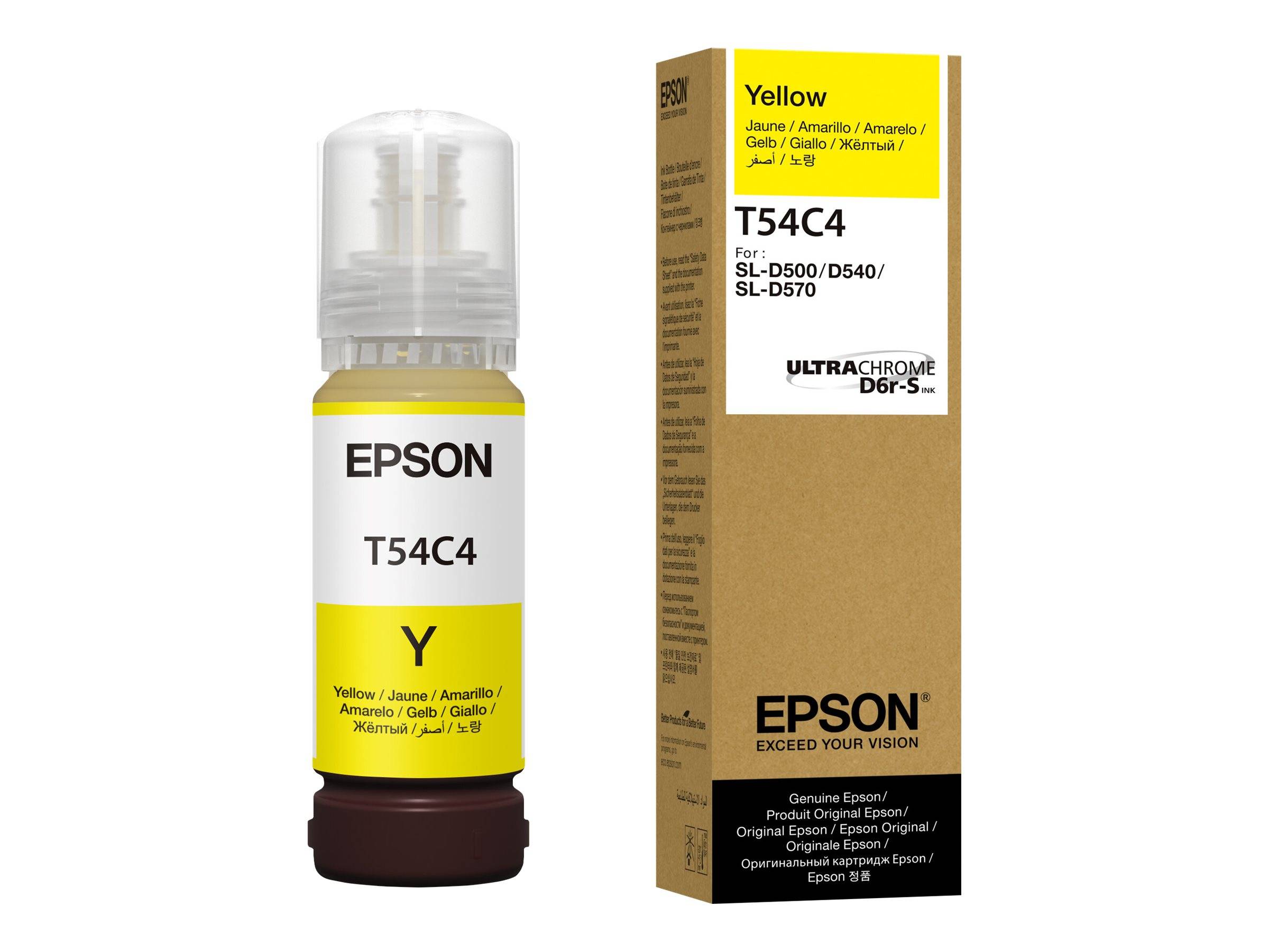 Gelbe Epson Tintenauffüllungsflasche für SL-D500/D540/SL-D570 Drucker, gekennzeichnet mit T54C4. Verpackung enthält Produktdetails und Verwendungshinweise.