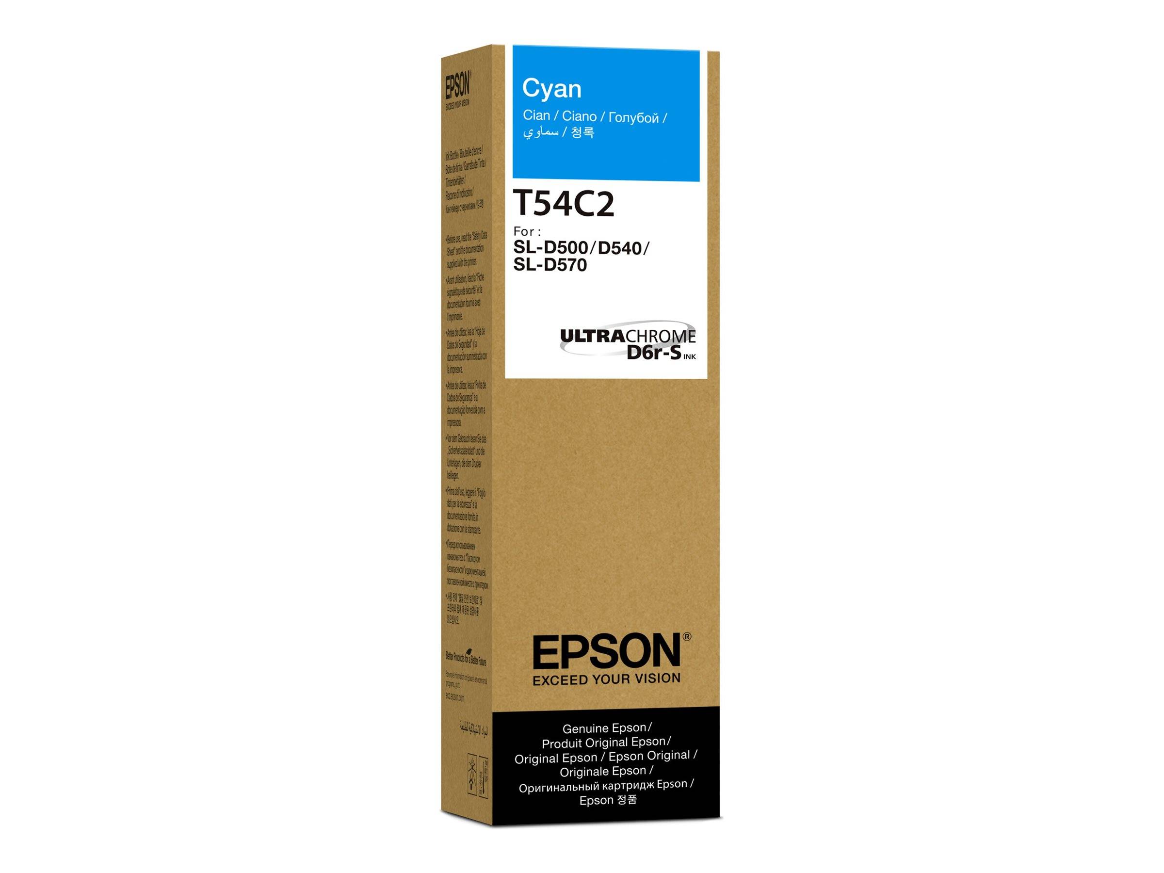 Epson Cyan T54C2 Tintenpatrone für Modelle SL-D500/D540/SL-D570 mit UltraChrome D6r-S Tinte. Braune Verpackung mit blauem Etikett.