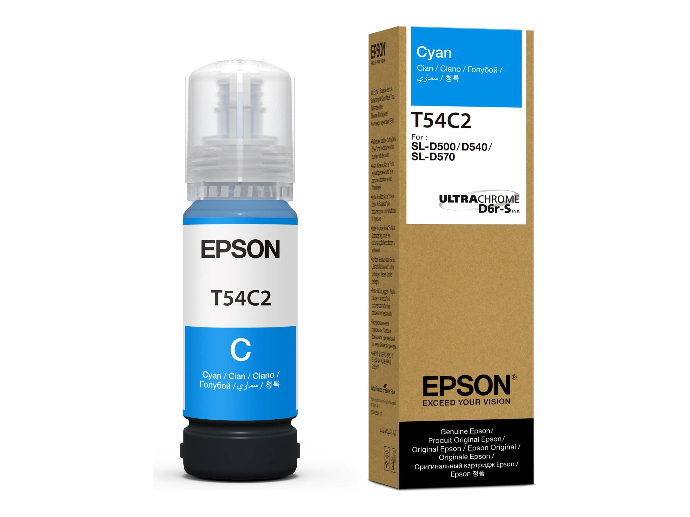 Cyan Tintenpatrone für EPSON-Modelle SL-D500/D540/D570, mit Etikett T54C2,inklusive Verpackung.