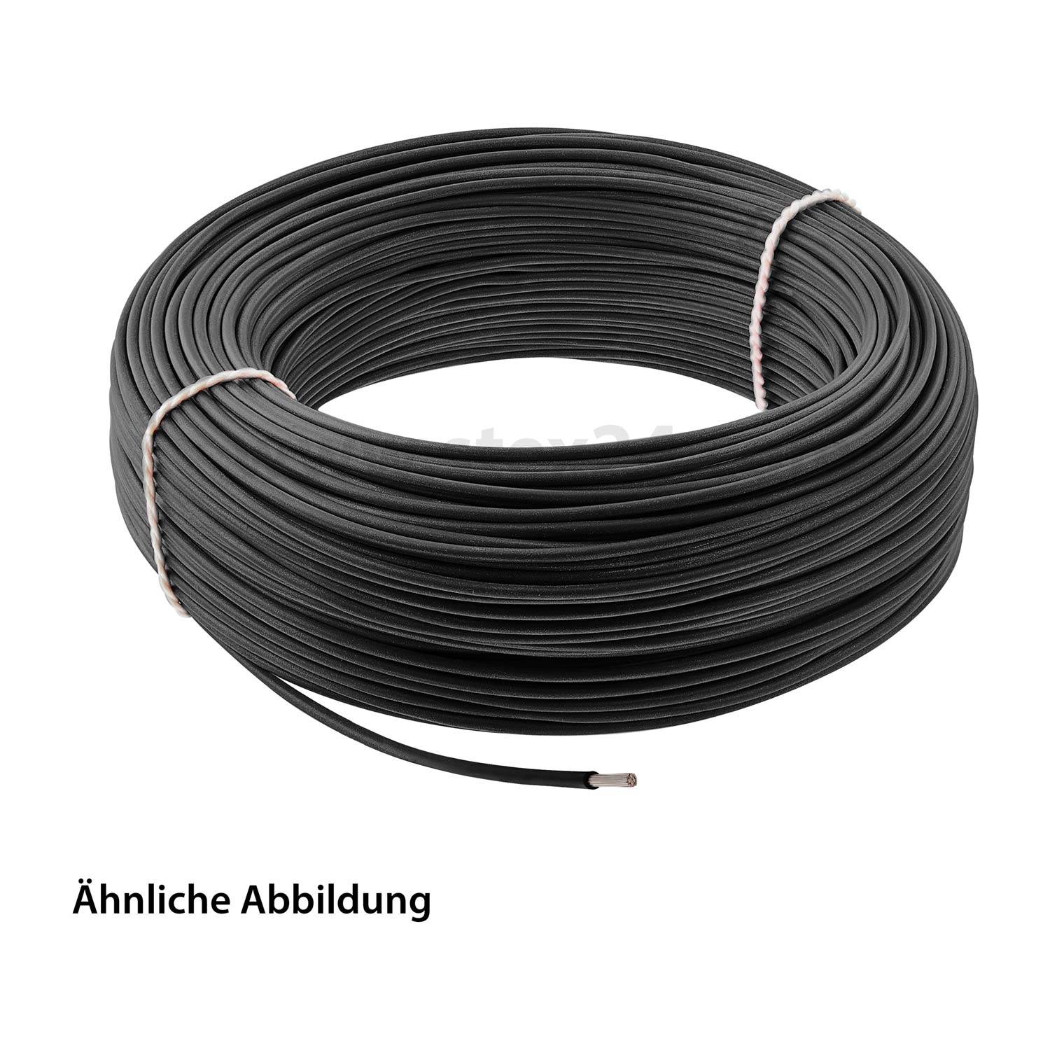 Eine Spule aus schwarzem Elektrokabel ist eng aufgewickelt. Ein einzelnes Drahtende ist sichtbar. Der Text 