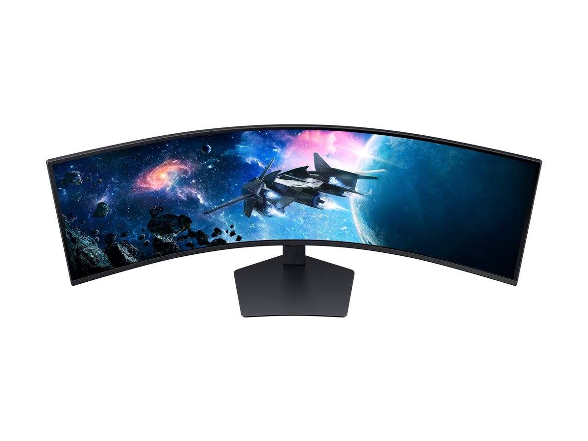 Gebogener Weitbild-Gaming-Monitor, der eine Weltraum-Szene mit einem Raumschiff zeigt, das durch eine blaue Galaxie fliegt.