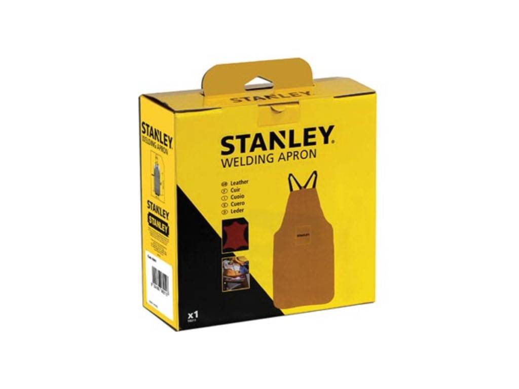 Stanley Schweißschürze in gelber Einzelhandelskiste verpackt mit Produktabbildung und Text „STANLEY WELDING APRON