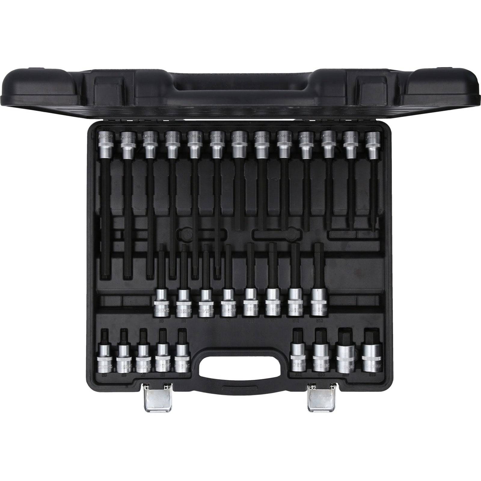 Eine schwarze Plastikbox mit verschiedenen Größen von Metallsteckdosen, die ordentlich in einzelnen Fächern angeordnet sind.