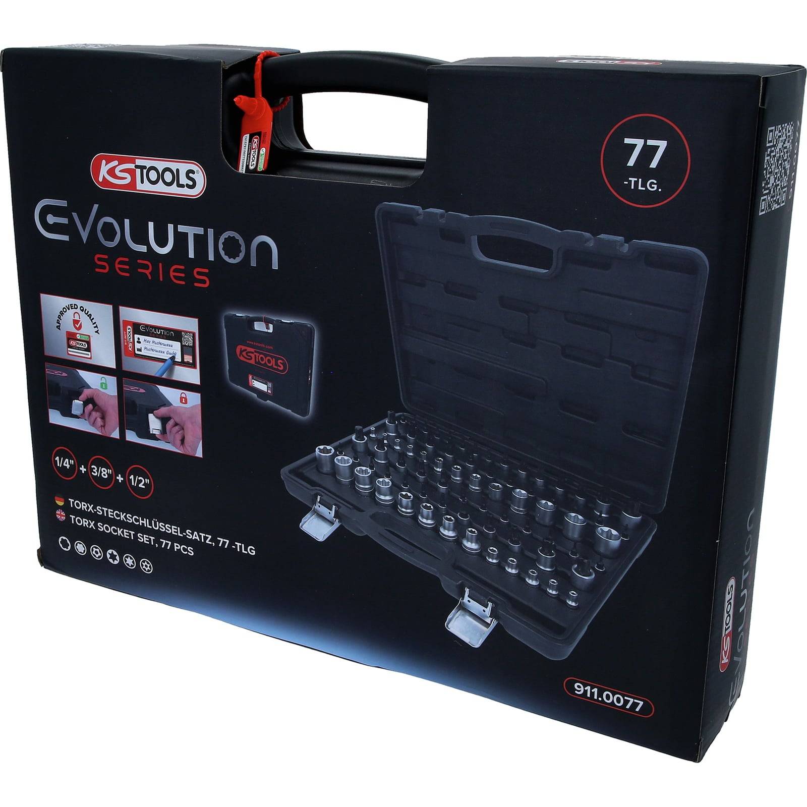 Werkzeugkasten mit Aufschrift 'KS Tools Evolution Serie: 77-teiliges Drehmomentschlüssel-Set'. Mit Abbildungen der Werkzeuge und technischen Spezifikationen.
