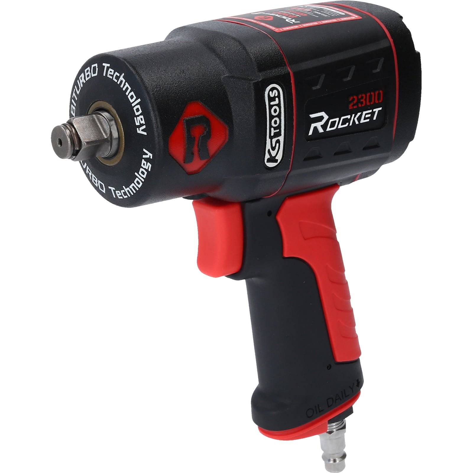 Druckluft-Schlagschrauber mit der Bezeichnung 'KS Tools Rocket 2300' mit 'Vario Turbo Technology' und einem roten Griff, der zum Befestigen von Schrauben in automobilen Umgebungen verwendet wird.