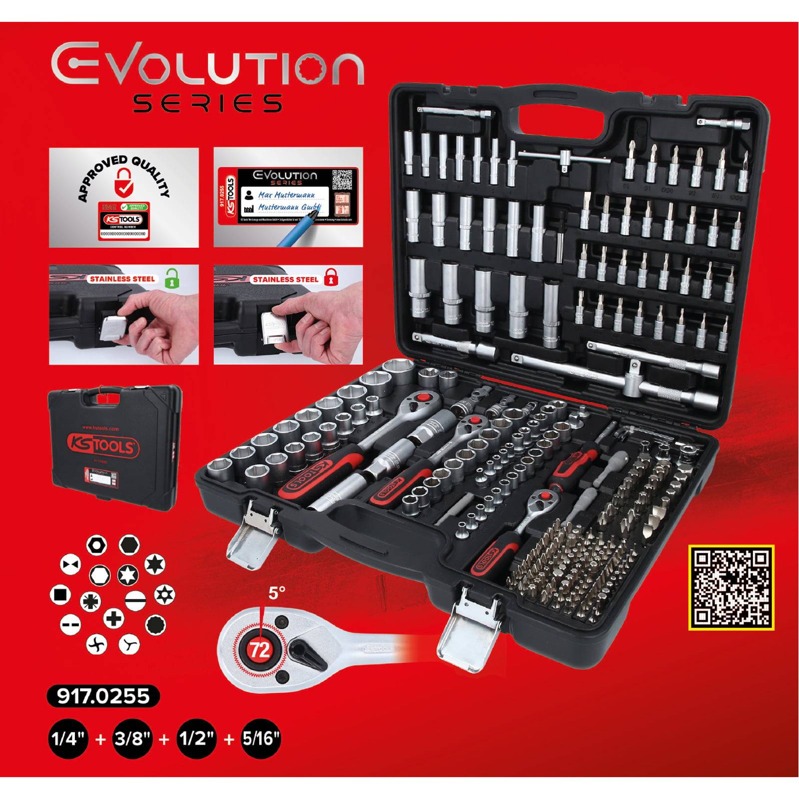 Werkzeugkasten öffnen mit verschiedenen Werkzeugen und Steckschlüsseln, die im Inneren organisiert sind, zusammen mit Marken- und Qualitätszertifizierungsikonen.