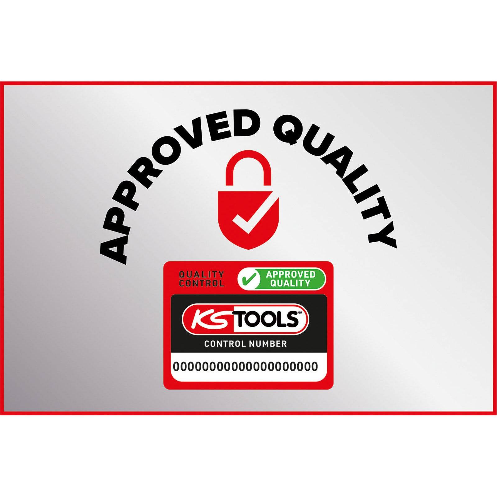 Logo für 'Geprüfte Qualität' mit einem roten Häkchen-Schloss und einem KS Tools Kontrollnummern-Abzeichen mit QR-Code.
