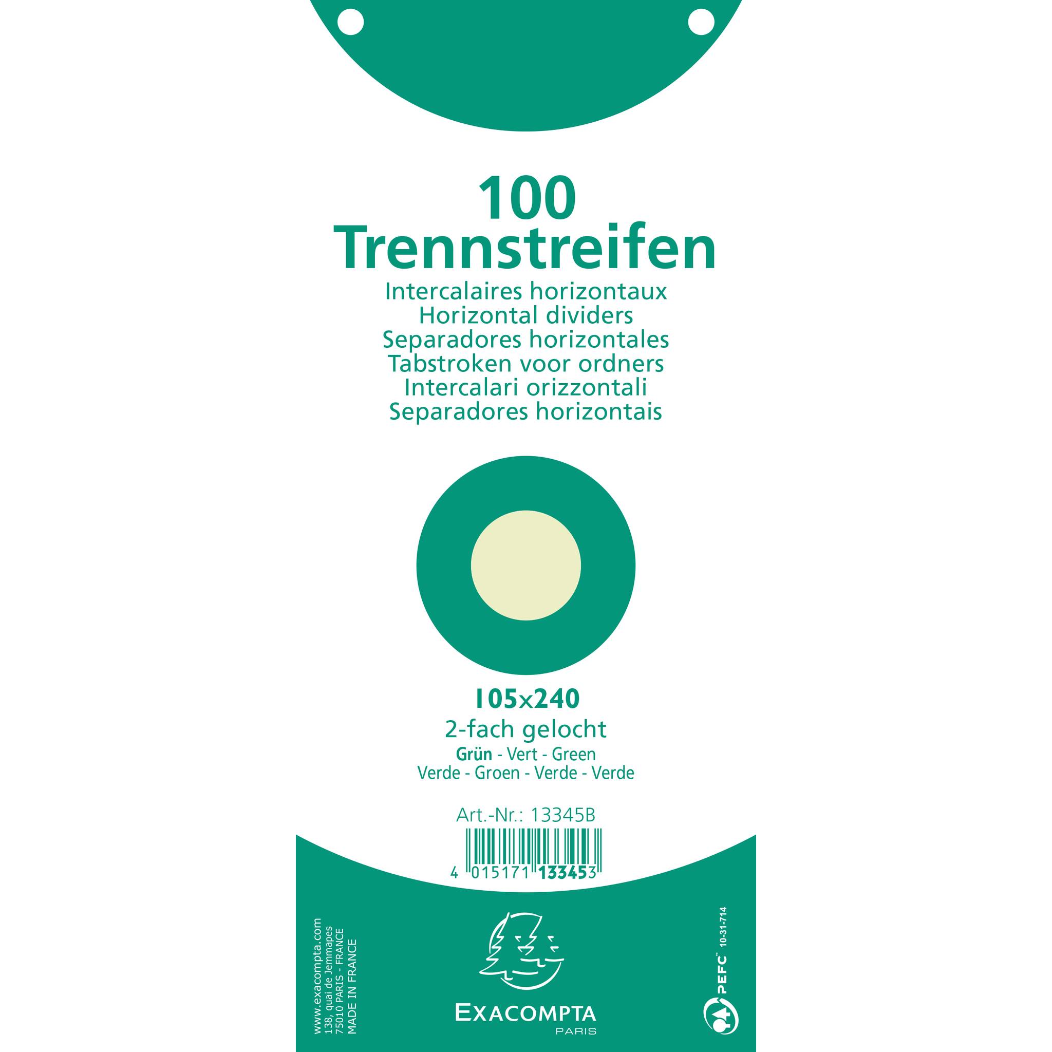 Exacompta 12x Pack 100 Trennstreifen 2-fach gelocht Karton 105x240mm Grün 13345B