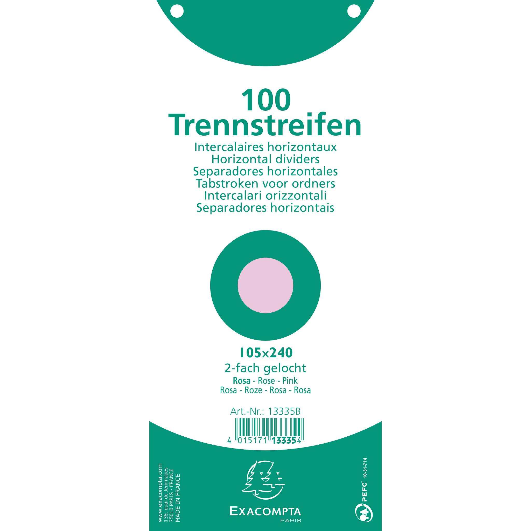 Exacompta 12x Pack 100 Trennstreifen 2-fach gelocht Karton 105x240mm Rosa 13335B