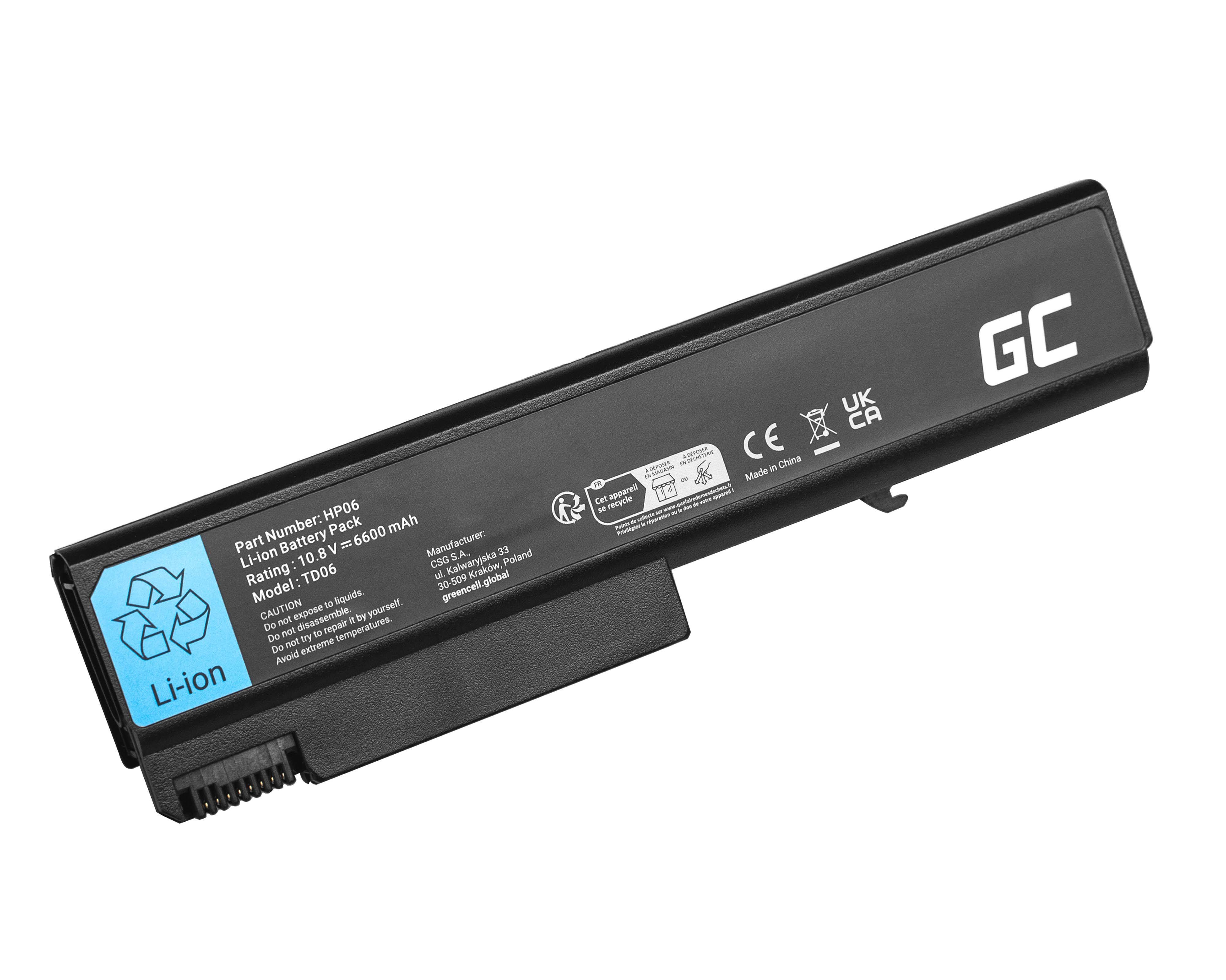 Eine schwarze Lithium-Ionen-Laptop-Batterie mit Markenlogo 'GC', Sicherheitszertifizierungen und Spezifikationen: 11,1 V, 6600 mAh, Modell T006, Artikelnummer HP06.