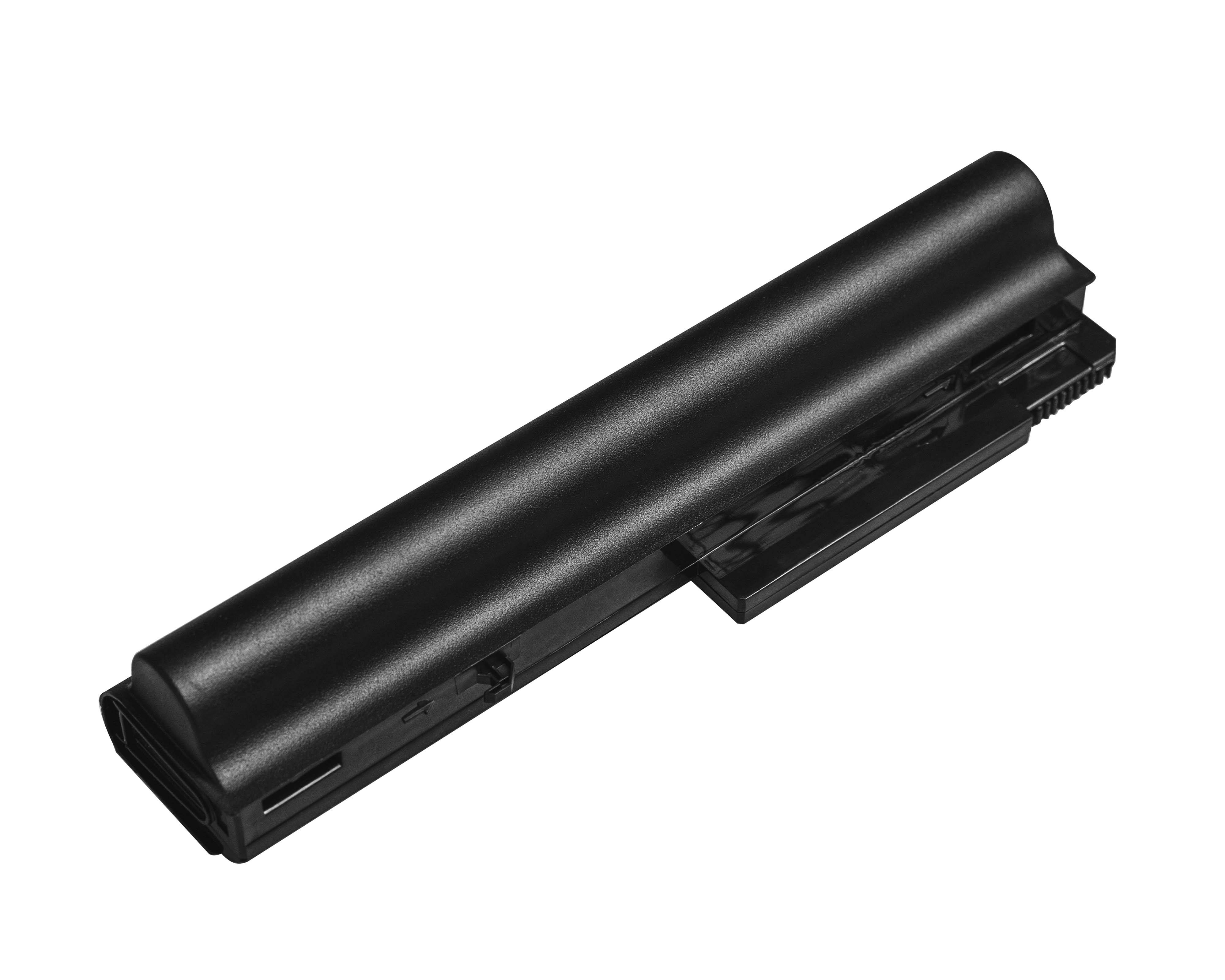 Eine schwarze Laptop-Batterie mit rechteckiger Form und sichtbaren Verriegelungsanschlüssen an der Seite, die für die Kompatibilität mit bestimmten Modellen ausgelegt ist.