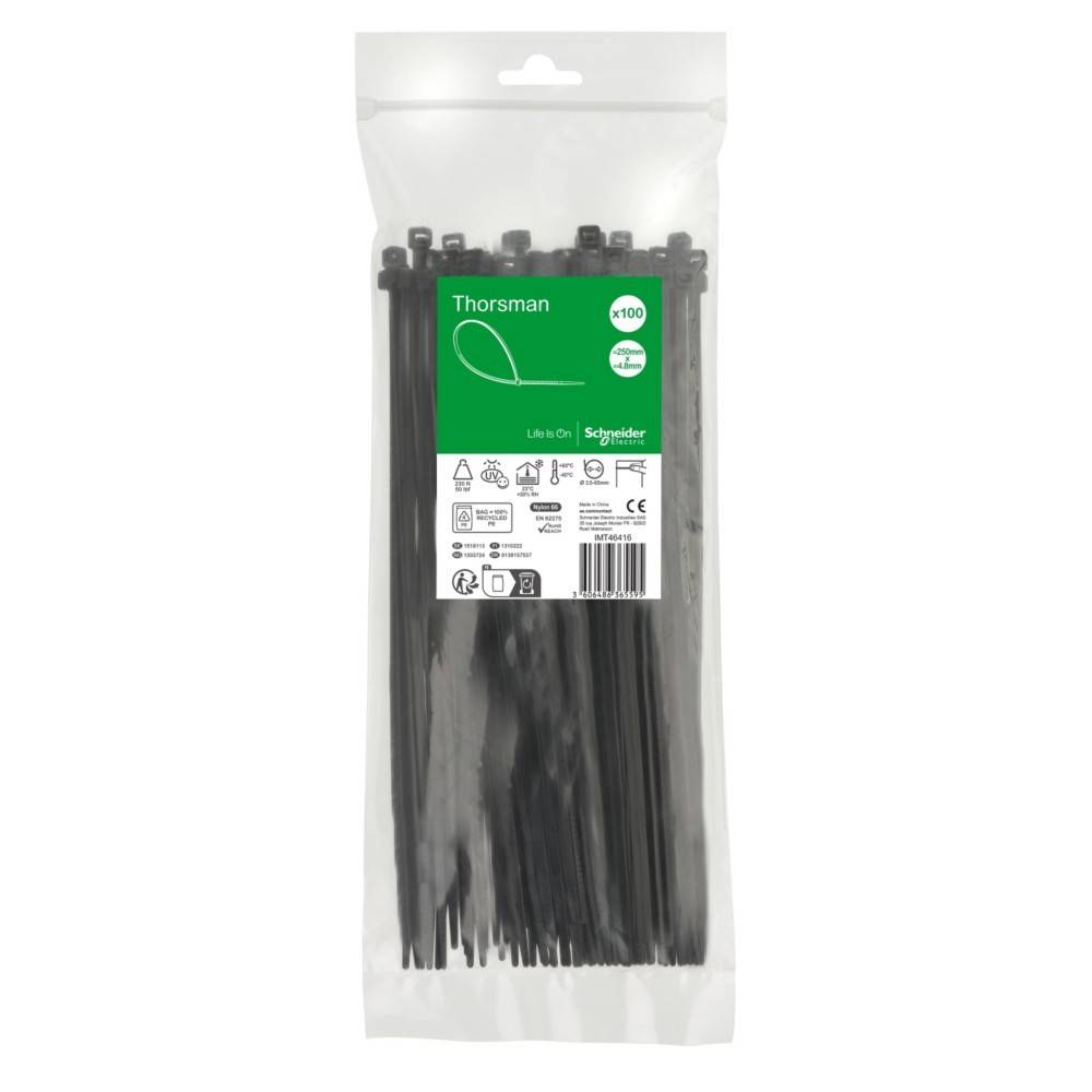 Packung Thorsman Kabelbinder, 100 Stück, 3,5mm x 200mm. Geeignet zum Befestigen von Kabeln, mit verschiedenen Sicherheitssymbolen gekennzeichnet.