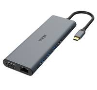 Ein schlanker, rechteckiger USB-C-Hub mit mehreren Anschlüssen zur Erweiterung der Konnektivität, einschließlich USB, VGA und Ethernet, der an ein Kabel angeschlossen ist.