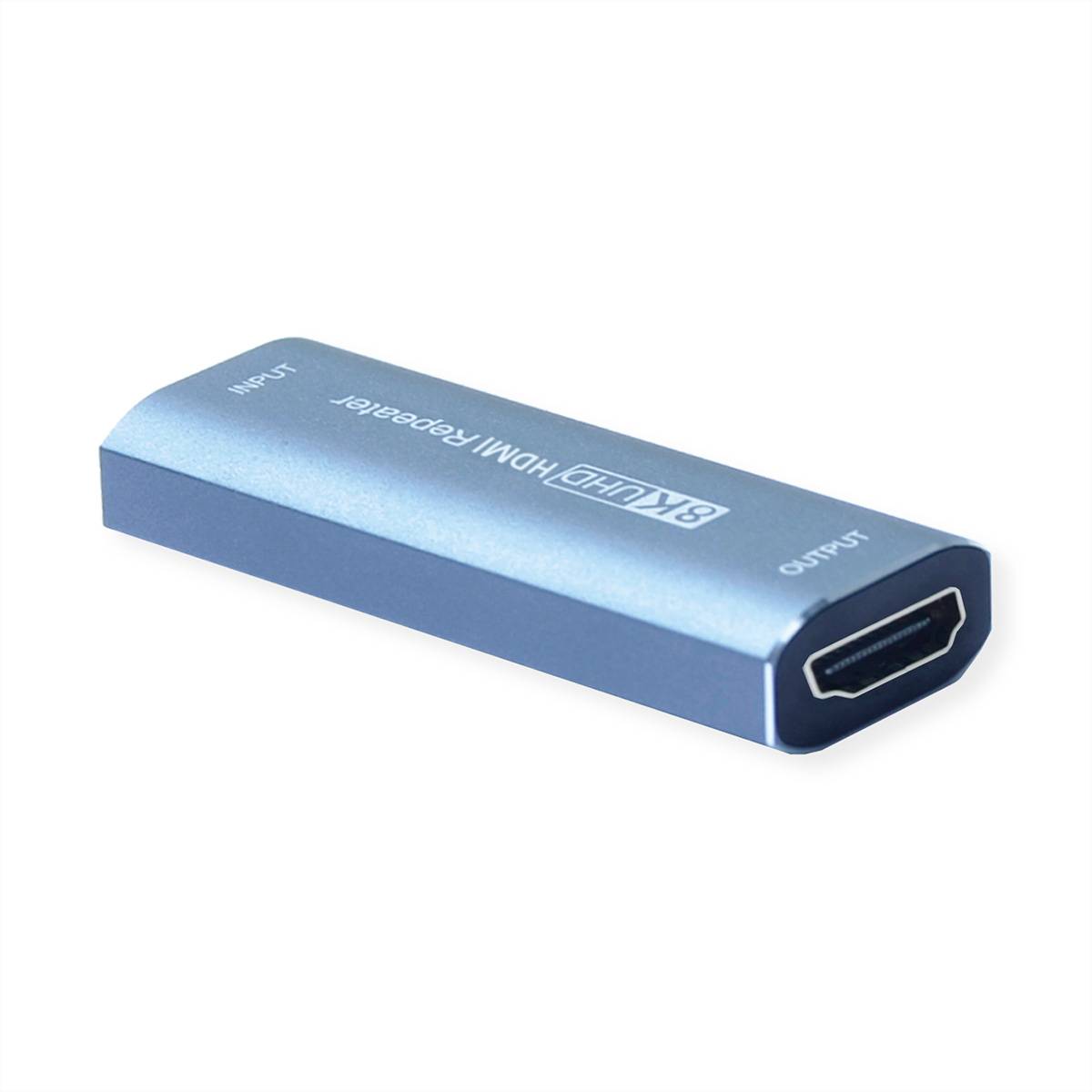 Blauer HDMI-Repeater-Adapter mit beschrifteten 