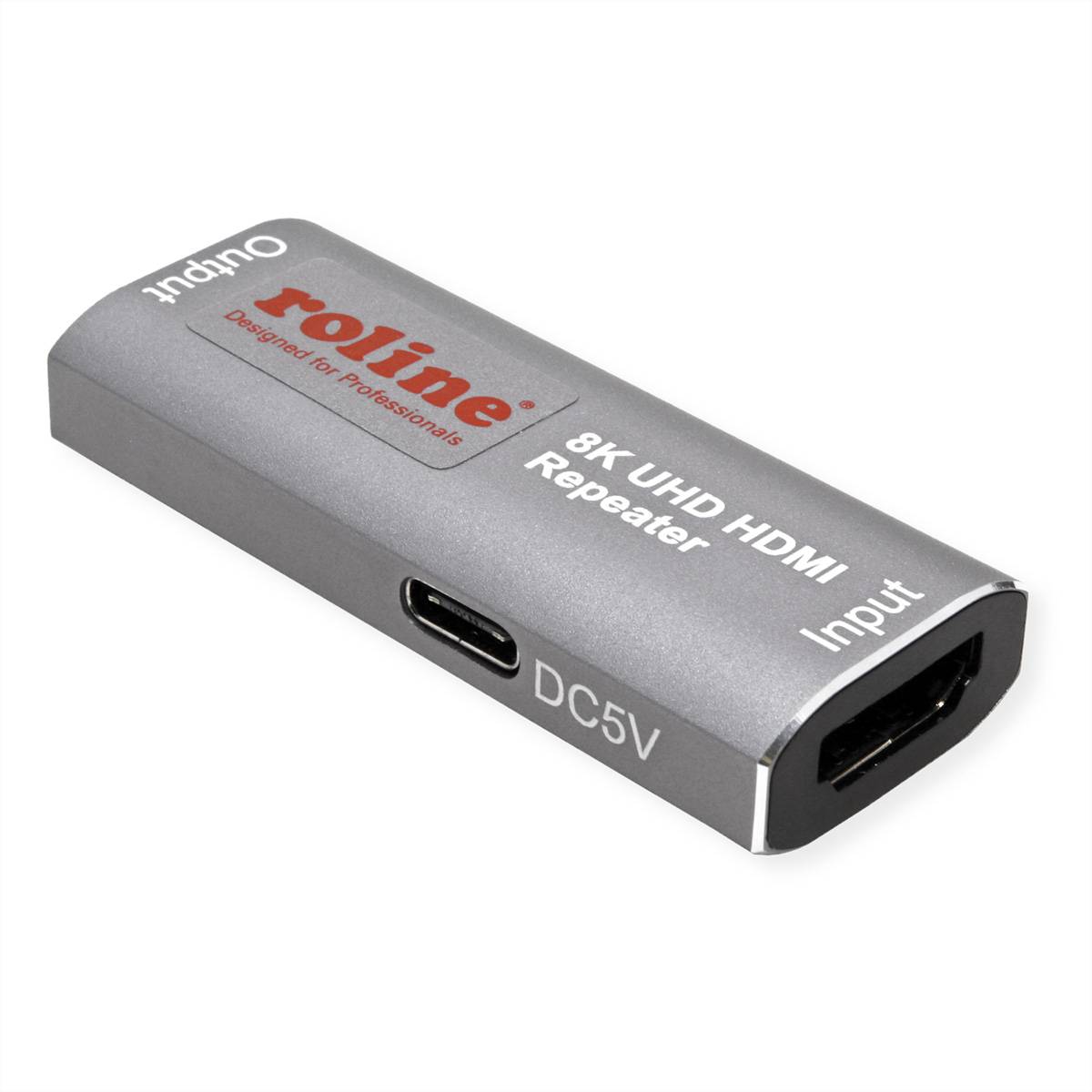 Grauer Rolline 8K UHD HDMI-Repeater-Adapter mit HDMI-Eingang, USB-C-Stromanschluss mit der Kennzeichnung DC5V, auf weißem Hintergrund gezeigt.