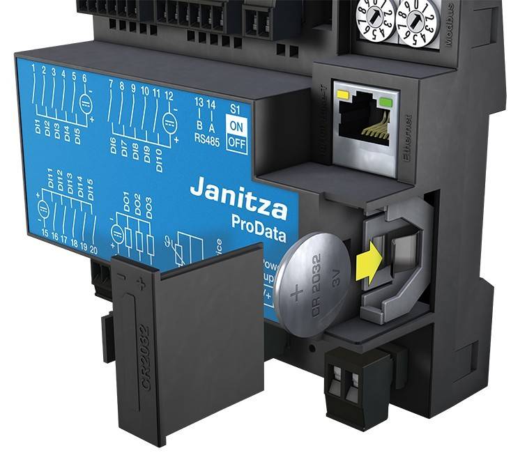 Janitza ProData' Gerät mit beschrifteten Schaltern, Ethernet-Anschluss und sichtbarem Batteriefach.