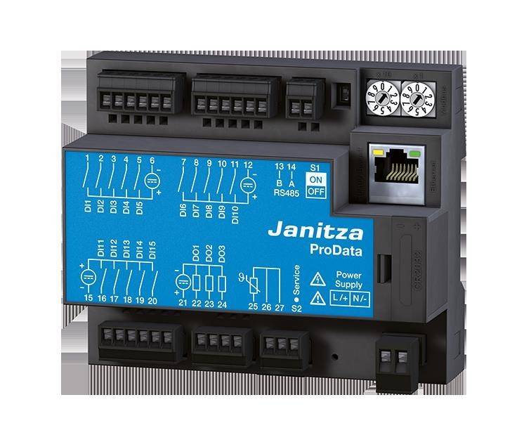 Janitza ProData' elektronisches Modul mit mehreren beschrifteten Anschlüssen, einer blauen Schnittstelle und Ethernet-Konnektivität. Verwendet für Stromversorgung und Datenschnittstellen.