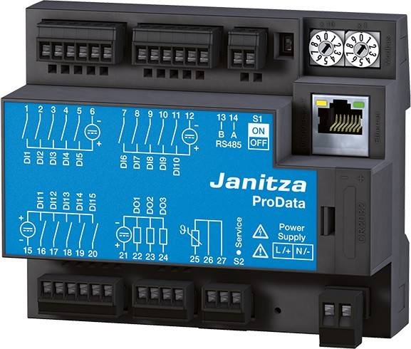 Janitza ProData' Energiemessgerät mit mehreren beschrifteten Anschlüssen, Drehschaltern und einem Ethernet-Anschluss, das zur Datenerfassung und -analyse verwendet wird.