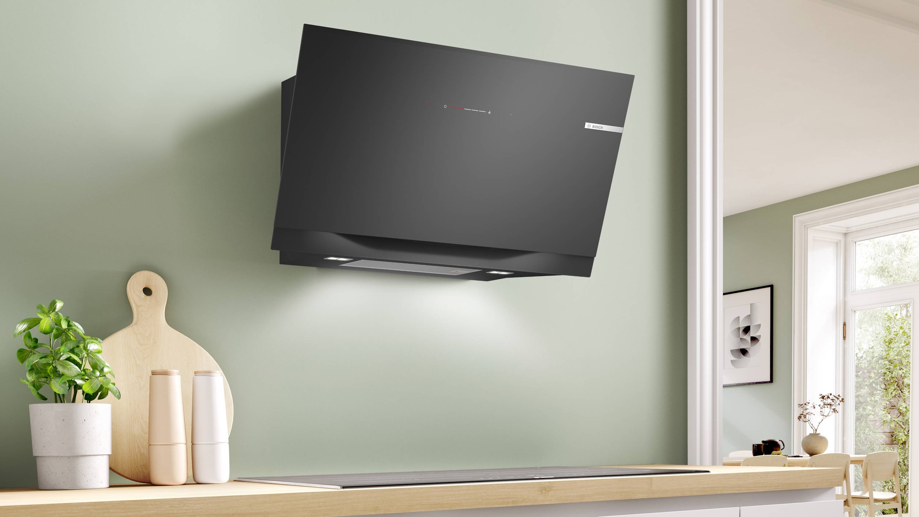 Bosch Serie 8, Wandesse, 90 cm, Klarglas schwarz bedruckt, DWK91LT60