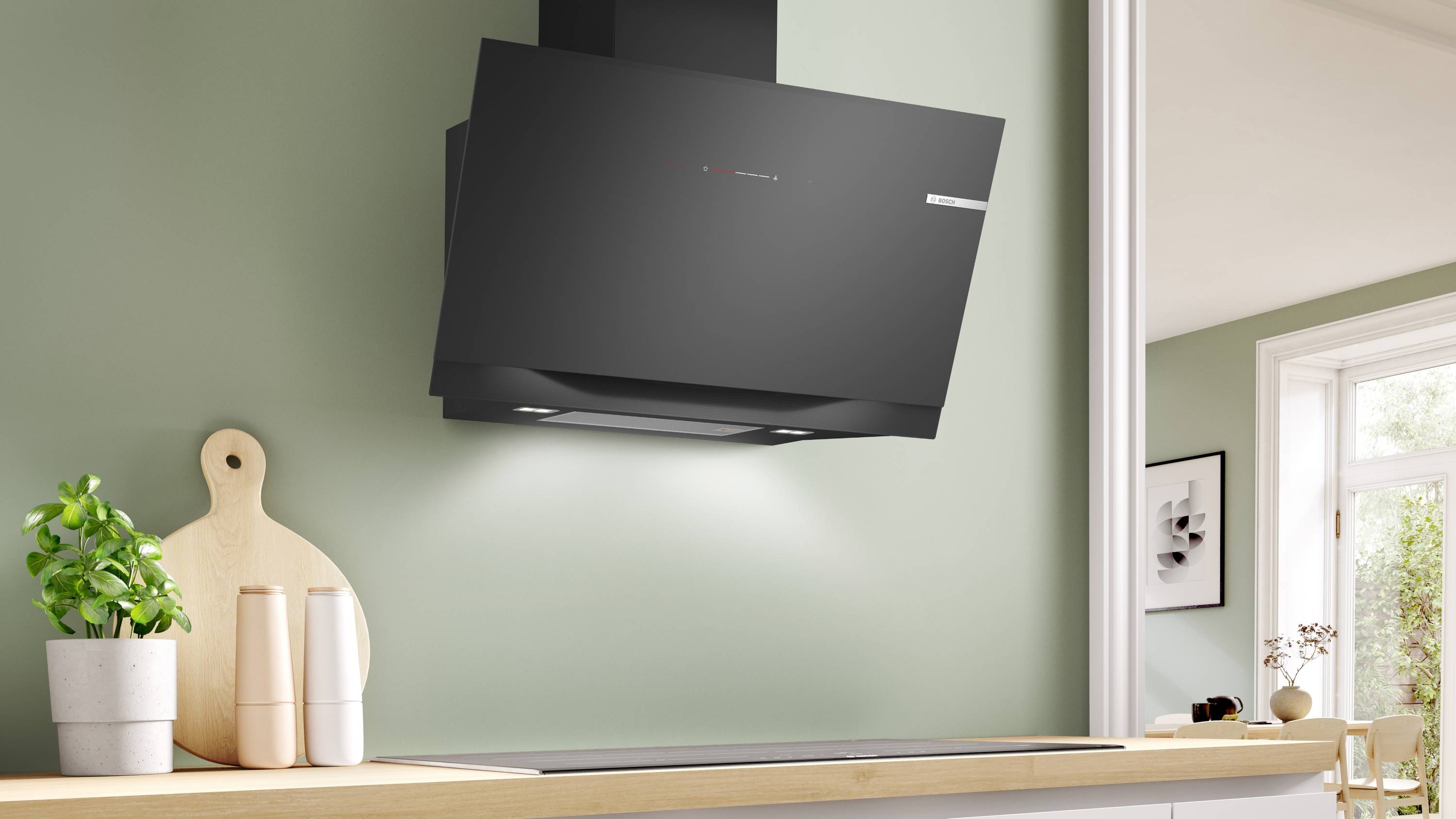 Bosch Serie 8, Wandesse, 90 cm, Klarglas schwarz bedruckt, DWK91LT60