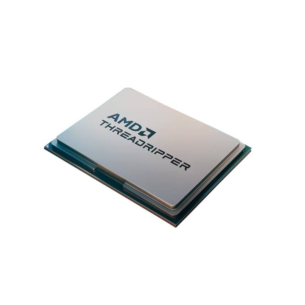 AMD Threadripper Computer-Prozessor-Chip auf weißem Hintergrund, Schrägansicht mit Logo auf der Oberseite.