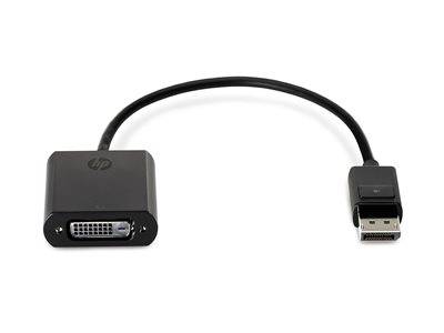 Ein schwarzer Kabeladapter mit HP-Logo, der einen DVI-Anschluss auf der einen Seite und einen DisplayPort-Anschluss auf der anderen Seite aufweist und zur VideoSignalumwandlung verwendet wird.