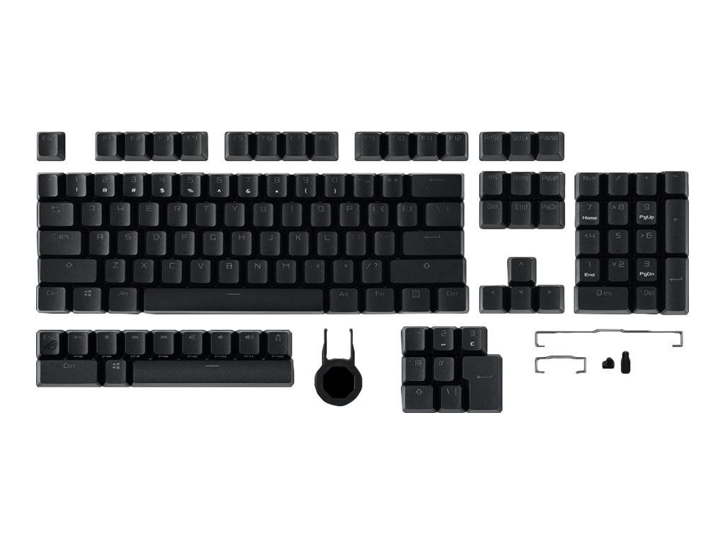 Eine Reihe schwarzer Tastaturkeycaps wird in organisierten Reihen präsentiert, die verschiedene Schlüsselgrößen und -formen zeigen, einschließlich eines Keycap-Abziehwerkzeugs.