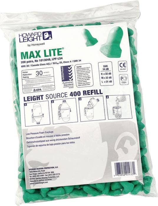 Verpackung der Gehörschutzstöpsel 'Howard Leight Max Lite' gezeigt. Enthält 200 Paare Schaumstoff-Ohrstöpsel mit geringem Druck und Lärmschutzwerten.