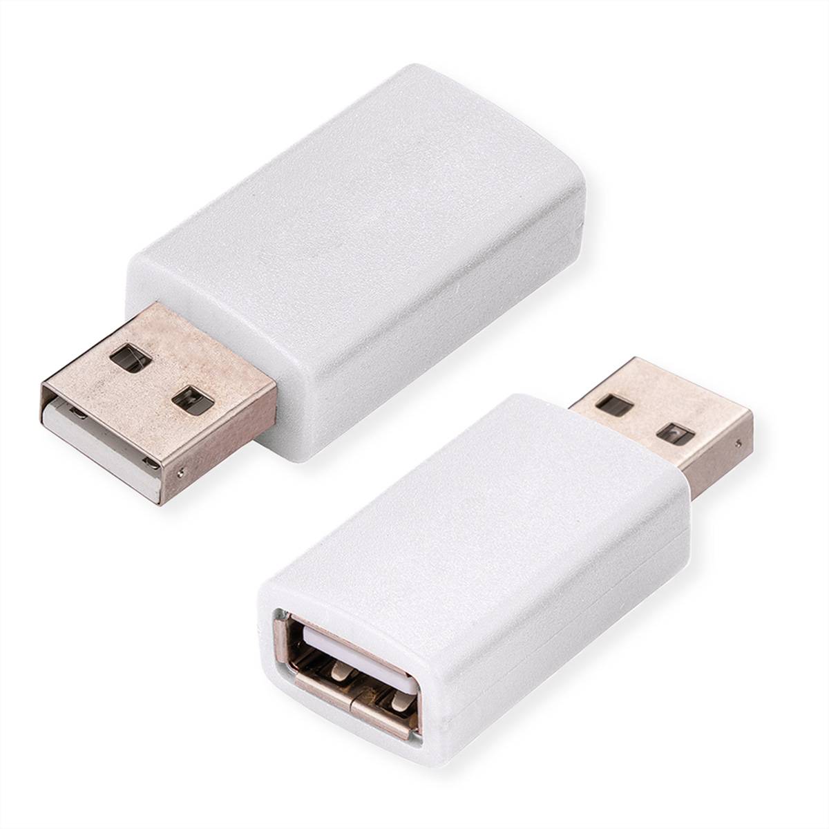 Zwei weiße USB-Adapter auf einem einfachen Hintergrund gezeigt, jeder mit einem Standard-USB-A-Stecker auf der einen Seite und einem USB-A-Buchsenport auf der anderen Seite.