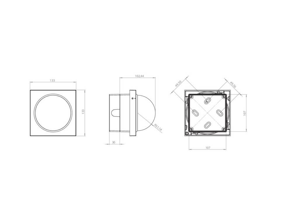 Technische Zeichnung eines quadratischen Lüftungskanalbauteils mit beschrifteten Abmessungen, einschließlich Seiten-, Vorder- und Draufsicht.