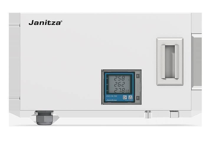 Ein weißes elektronisches Gerät mit einer Anzeige, die numerische Messwerte zeigt, möglicherweise zur Darstellung elektrischer Messungen; Markenname sichtbar.