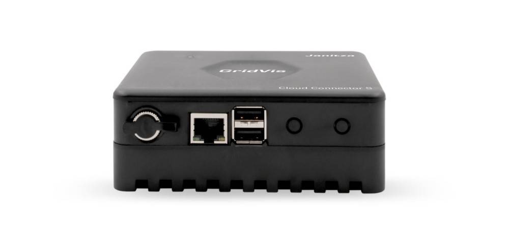 Vorderansicht eines GridVis Cloud Connector-Geräts mit Anschlüssen und Verbindungen, verwendet zur Integration von Leistungsüberwachungssystemen mit Cloud-Diensten.