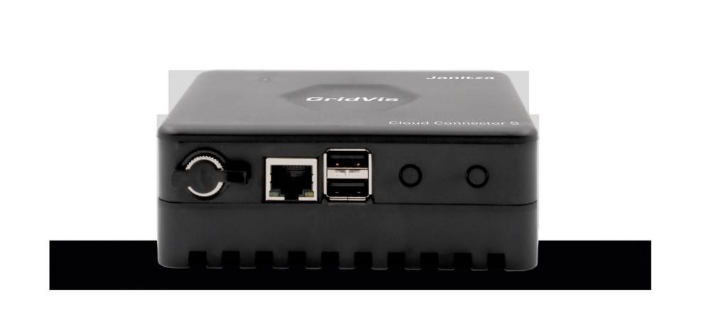 Eine Nahaufnahme eines schwarzen Geräts, die Anschlüsse zeigt, darunter einen Stromanschluss, einen Ethernet-Port, zwei USB-Ports und zwei Tasten.