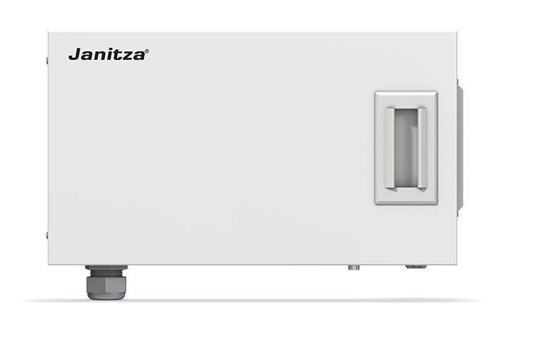 Ein weißes elektronisches Gerät mit einem Griff am vorderen Bedienfeld und einem Markenlogo in der oberen linken Ecke.