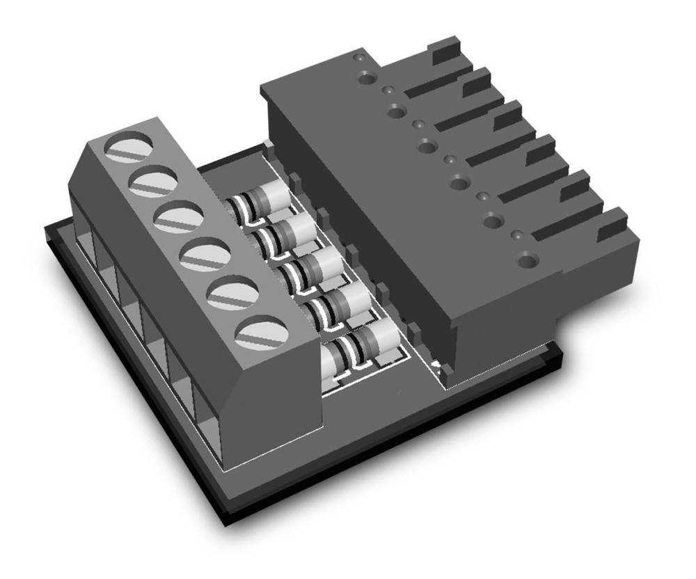 Eine Schwarz-Weiß-3D-Darstellung einer elektronischen Komponente mit mehreren Schlitzen und Schrauben, möglicherweise ein Reihenklemmenblock, der für Schaltungsverbindungen konzipiert ist.
