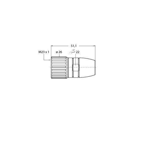 Technische Zeichnung eines Verbindungsstücks mit Maßen: M23 x 1, Länge 51,1 mm, Durchmesser 26 mm an einem Ende, sich auf 22 mm verjüngend.