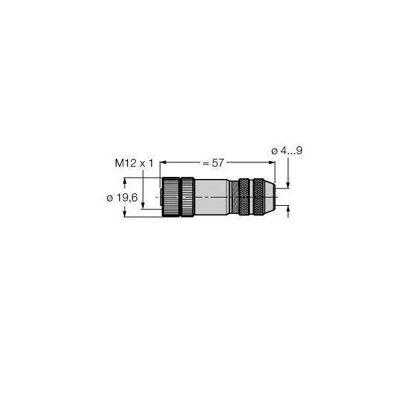 M12 x 1' Anschlussdiagramm zeigt Abmessungen: Durchmesser 19,6 mm, Länge ungefähr 57 mm, Anschlussdurchmesser 4-9 mm.