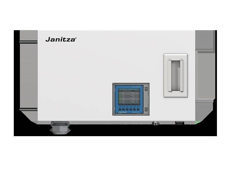 Elektrische Schalttafel der Marke Janitza mit einer digitalen Anzeige, die Leistungskennzahlen darstellt und einem Griff auf der rechten Seite.