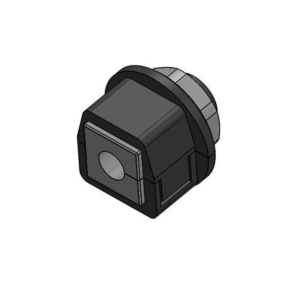 Schwarzer quadratischer Elektrostecker oder Sensorgehäuse mit einer vorderen kreisförmigen Öffnung und gerippter Rückkappe, dargestellt auf weißem Hintergrund.