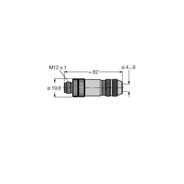 Eine technische Zeichnung einer zylindrischen Komponente mit Abmessungen: Länge 62 mm, Durchmesser 19,6 mm und Gewinde M12 x 1.